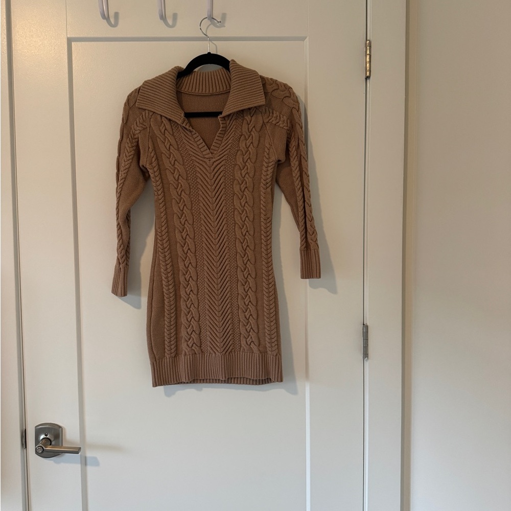 Tan Cable Knit Sweater Mini Dress